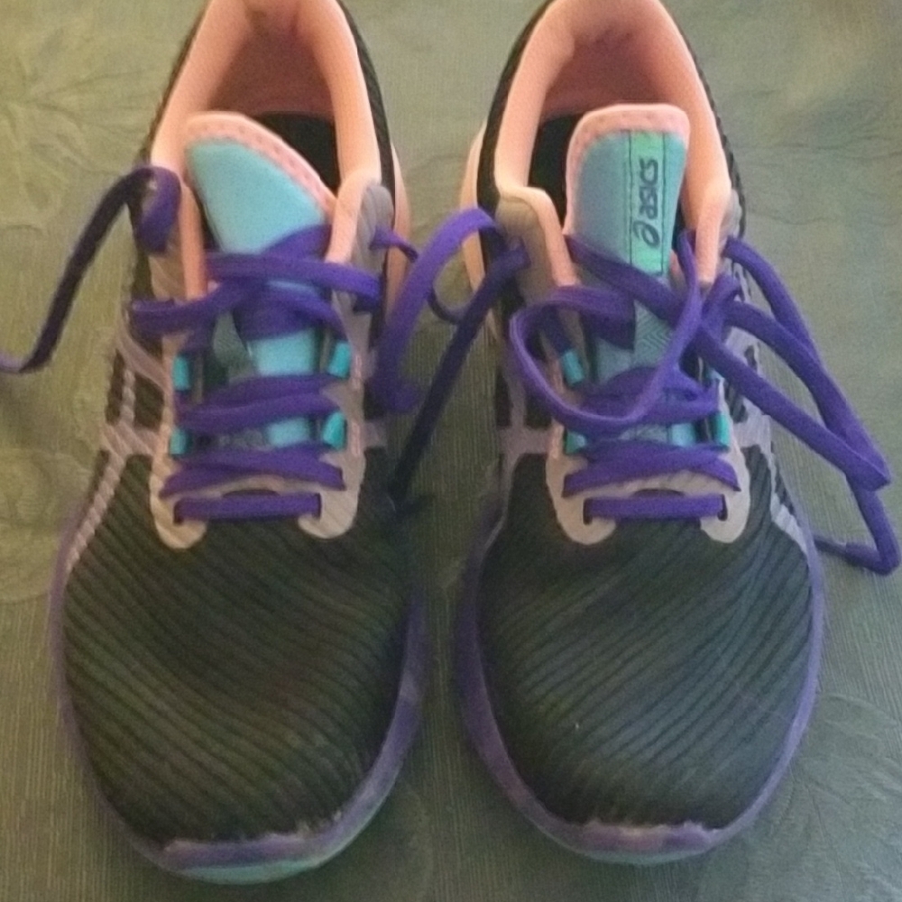 Asics Black and Purple Athletic Shoes with Mesh Upper